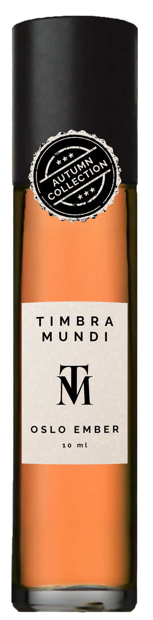 Perfume bottle labelled 'Timbra Mundi Oslo Ember' with a black and orange design.