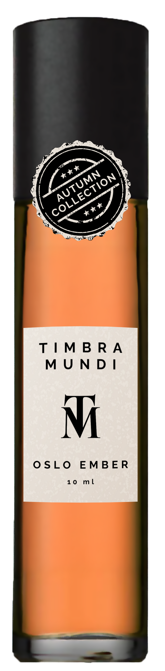Perfume bottle labelled 'Timbra Mundi Oslo Ember' with a black and orange design.