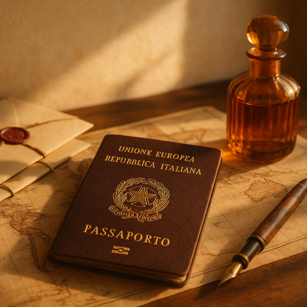 Italian passport on a map with an envelope and perfume bottle